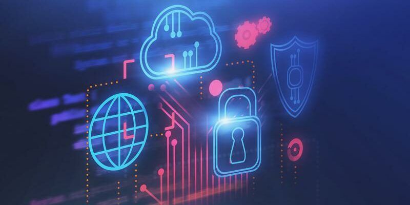 diagramm mit cloud, schloss, weltkugel und schild